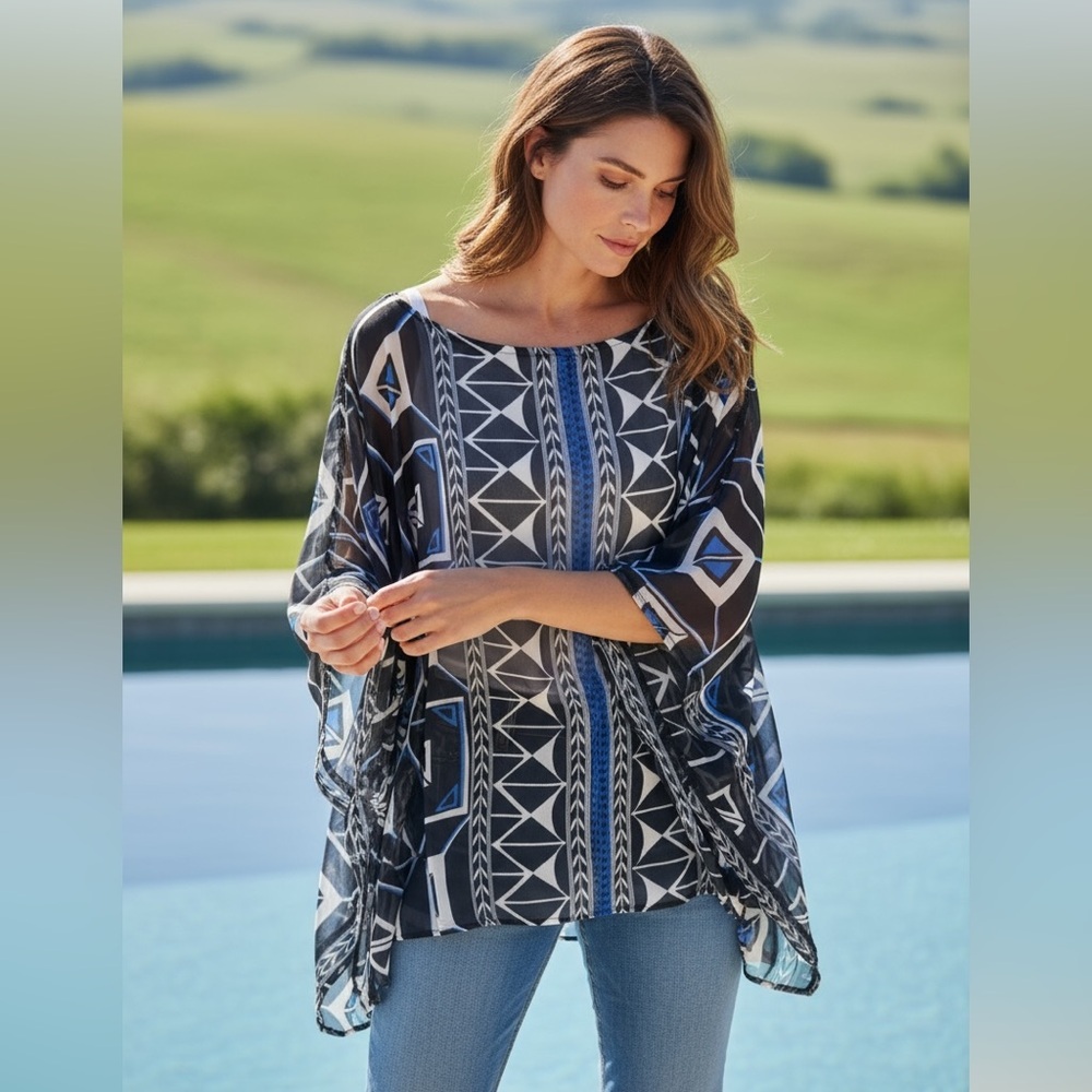 Vince Camuto, ladies XL chiffon batwing top NWOT geometrical design